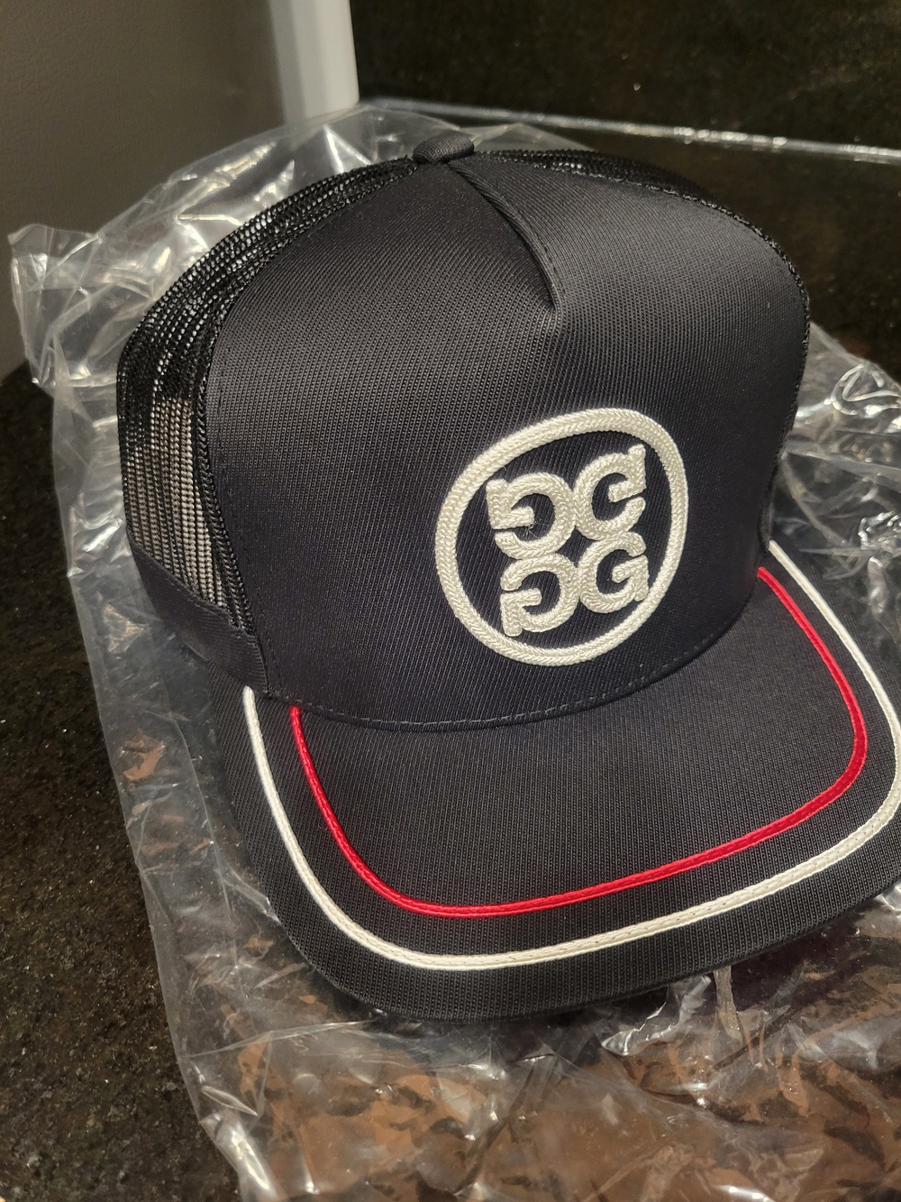 G/FORE Black Trucker Snapback Golf Hat Mesh Back Red White Rope Detail
